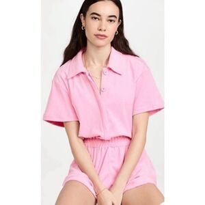 The Good American Terry Cloth Cinched Waist Pink Romper Short Sleeves